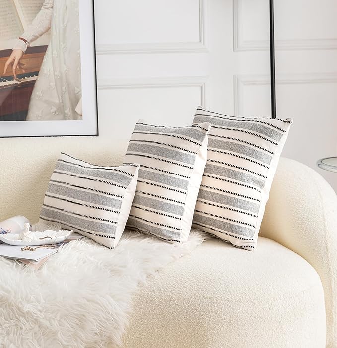 Decorative Boho Lumbar Throw Pillow Covers, Farmhouse Textured Pillow Case, 12 x 20 Inch Set of 2, Chair Sofa Bedroom Living Room Home Decor Couch Cushion Case, Black and Beige