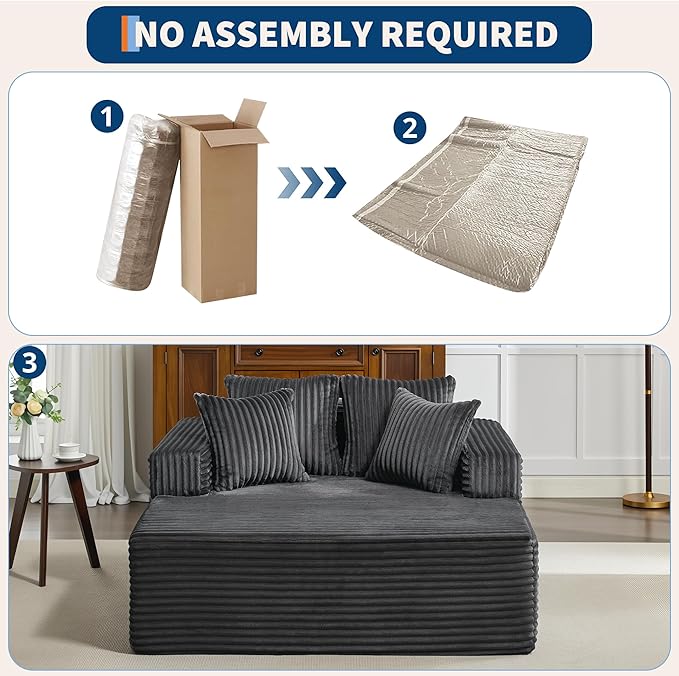 Oversized Chaise Lounge Chair Indoor, Boneless Couch Cloud Fluffy Chaise Lounges Corduroy Upholstered Sofa Bed w/Throw Pillows for Living Room Home Grey
