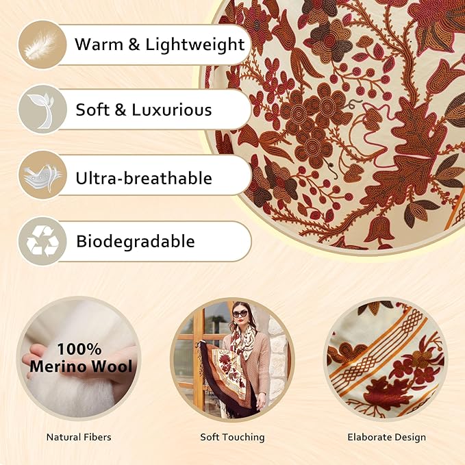 DANA XU 100% Merino Wool Pashmina Shawl for Women 96"x43", Oversized Cashmere Wrap with Tassels, Floral Travel Blanket Cape