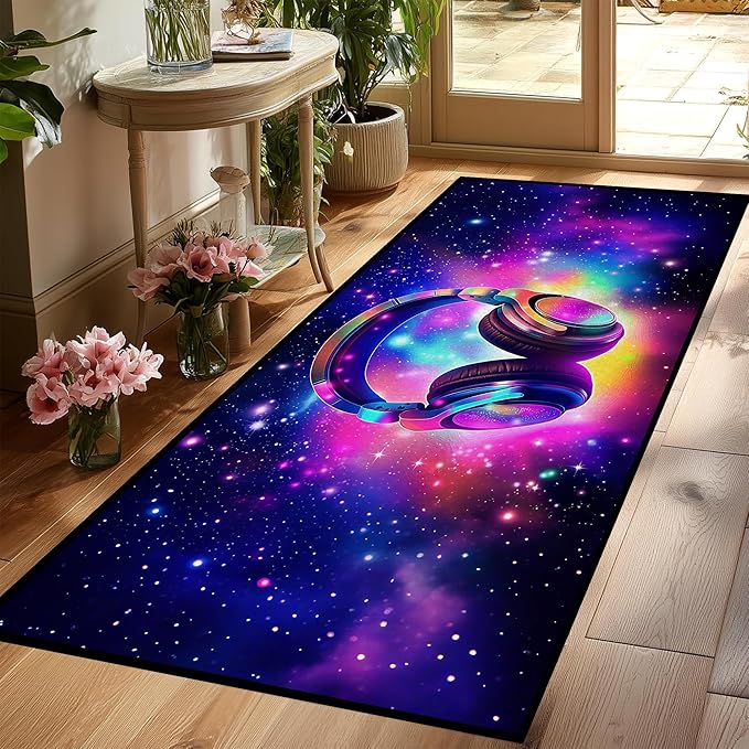 Galaxy Game Area Rug Music Headphone Rugs Colorful Throw Rug Non-Slip Carpet Doormats for Living Room Bedroom Apartment Dorm Floor Mat 79 in x 39 in