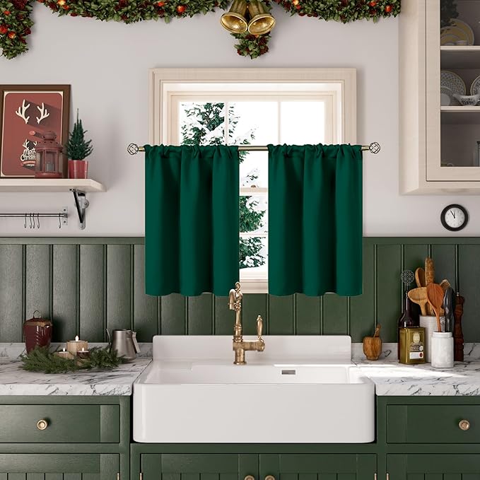 BGment Emerald Green Curtains 36 Inch Length for Kitchen Window - Rod Pocket Half Window Drapes for Bathroom Cafe Rv Camper Short Blackout Panel, 34 x 36 Inch, 2 Panels