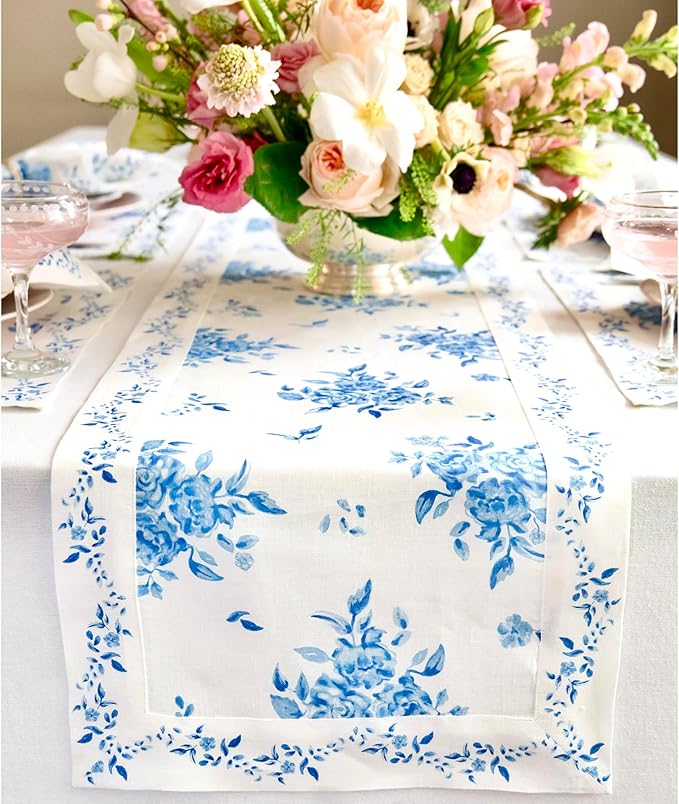 Solino Home Blue Floral Print Table Runner 48 inch - 100% Pure Linen Table Runner 14 x 48 Inch - Handcrafted and Machine Washable - Jolie Fleur Print