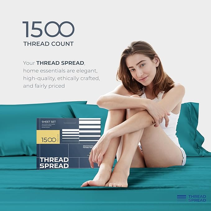 THREAD SPREAD 100% Egyptian Cotton Sheets Queen Size Bed Set - 4 PC 1500 Luxury High Thread Count Teal Egyptian Cotton Queen Bed Sheets, Silky Soft, Cooling, Sateen Weave, 17" Deep Pocket Bedsheet