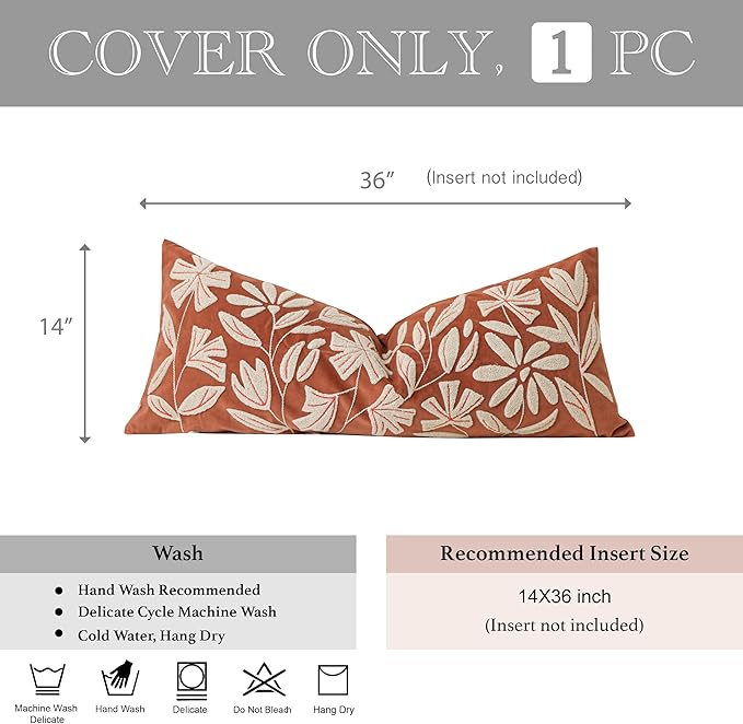 BlissBlush Fall Throw Pillow Cover 14x36 Long Lumbar Throw Pillow for Bed, Rust Brick Red Soft Velvet Accent Farmhouse Body Lumbar Throw Pillowcase for Bedroom Sofa Couch, Home Décor