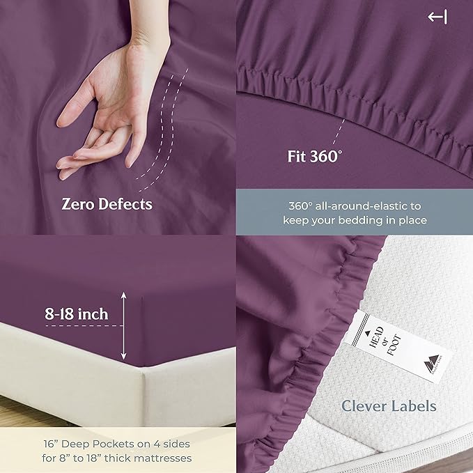 Mayfair Linen 500 Thread Count 100% Cotton Sheets King Size Bed Set - 4 PC King Bed Sheet Set Cotton (Plum), Soft, Cooling, Sateen Weave 16" Deep Pocket Bedsheet for Hot Sleepers (Fits 18" Mattress)