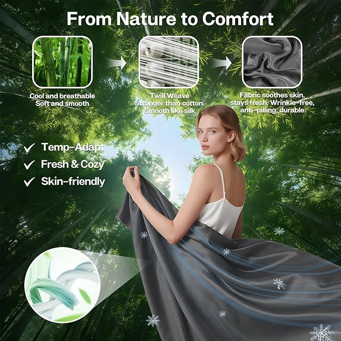 MR&HM Full Fitted Sheet Only, Ultra-Soft Rayon Derived from Bamboo & Polyester Blend, Silky & Breathable, 15" Deep Pocket with Elastic Straps, Cooling Fitted Sheet for Hot Sleepers, Grey