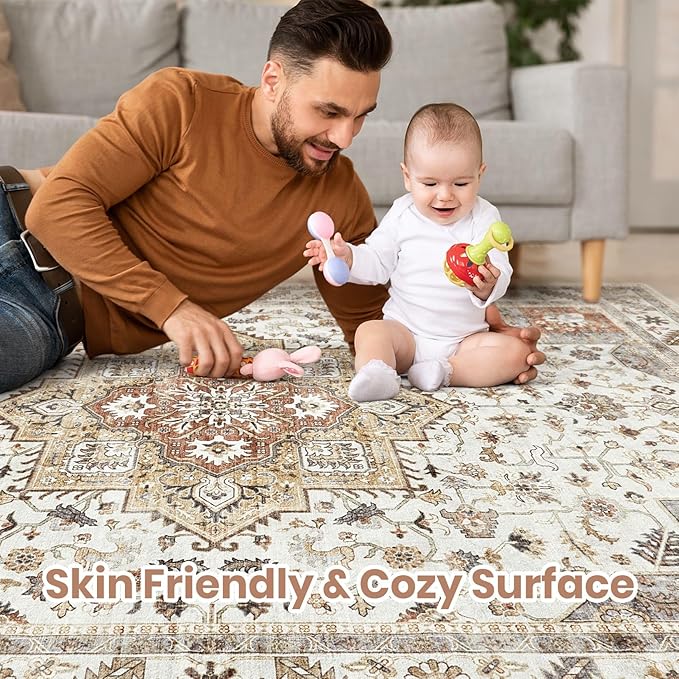 Vintage Living Room Area Rug 6x9 - Large Soft Washable Oriental Traditional Distressed Farmhouse Rugs for Bedroom - Indoor Floor Accent Carpet for Home Office House Decor - Golden Taupe