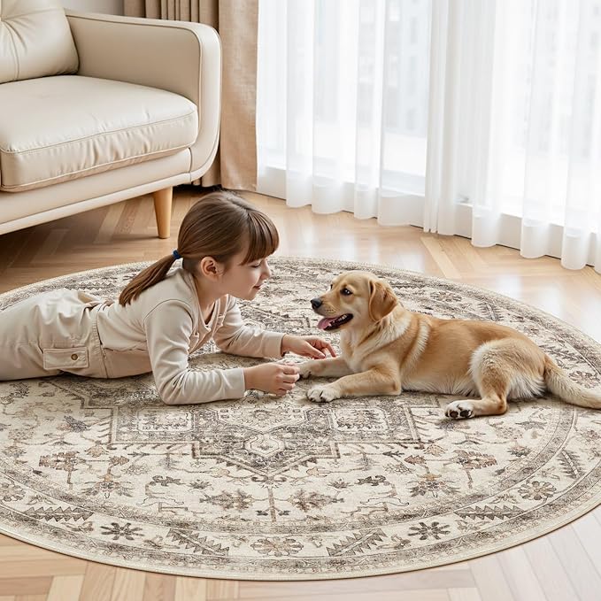 5ft Round Vintage Living Room Area Rug - 5x5 Large Soft Washable Oriental Traditional Distressed Farmhouse Rugs for Bedroom - Indoor Floor Accent Carpet for Home Office House Decor - Light Brown
