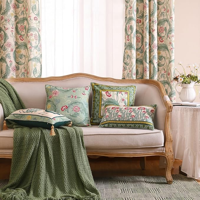 patdrea Designer Square Throw Pillow Covers,Farmhouse Linen with Green Floral Pattern Pillows Cover,Decorative Pillowcases Cushion for Bed Living Room Outdoor Car,18"x18"