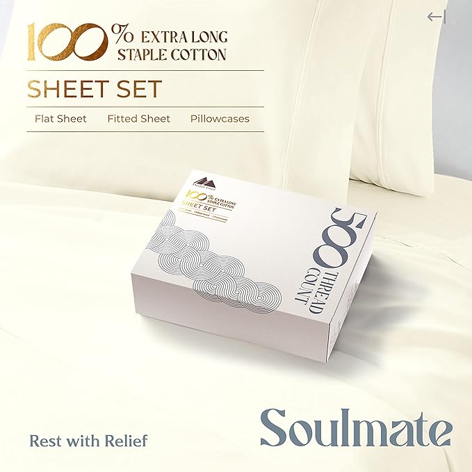 Mayfair Linen 100% Cotton Bed Sheets Full Sheet Set - 500 Thread Count Sheets Full Size 4 PC Set (Ivory), Soft, Cooling, Hotel-Quality 16" Deep Pocket Sateen Weave Cotton Bedsheet for Hot Sleepers