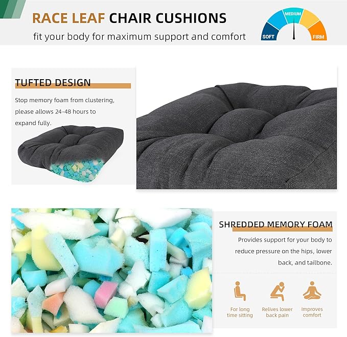 RACE LEAF 19" x 19" Patio Chair Cushions Gray - Outdoor/Indoor Tufted Memory Foam Chair Pads Set of 2, Water-Resistant Olefin Chair Seat Cushion Non-Slip Backing