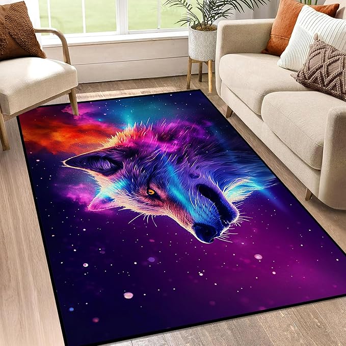 Galaxy Wolf Rug 3D Fierce Wolves Area Rugs for Kids Bedroom Living Room Playroom Gameroom Boys 59 in x 39 in