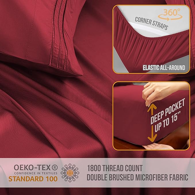 King Size Sheets Set Cooling - Luxury Hotel Sheets - Soft Bed Sheet with Elastic Corner Straps - Deep Pockets Microfiber Bedsheet - Bedding Sheet & Pillowcases - 4 PC (King, Burgundy)