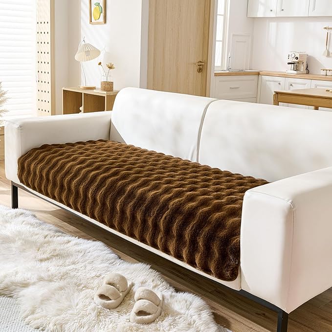 Faux Fur Couch Cover Fuzzy Soft Plush Thick Bubble Sofa Cover Luxury Sectional Couch Covers Luxury Anti-Slip Sofa Slipcover Washable Furniture Protector (Coffee,36"x63")