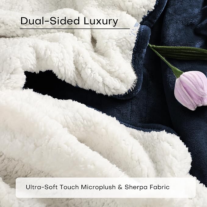 Electric Blanket Twin Size 62" x 84" Thickened Flannel and Sherpa Heated Blanket,10 Hours Timer Auto-Off,5 Heating Levels,for Bedroom Office Couch,Navy Blue