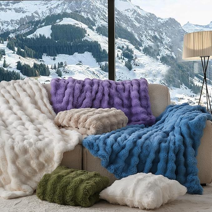 Lotus Karen Faux Fur Throw Blanket Sky Blue - Big Bubble Rabbit Fluff Blanket for Couch Bed Sofa,Softest Fluffy Fuzzy Cozy Blanket,Thick Furry Plush Shaggy Warm Blankets for Women,60x80 Inches