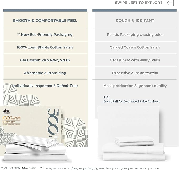 Mayfair Linen 100% Cotton Striped Sheets Full Size Bed Set - 500 Thread Count Damask Sheets Full Size 4 PC Set (White Stripe), Soft, Cooling, Sateen Weave Hotel-Quality 16" Deep Pocket Bedsheet