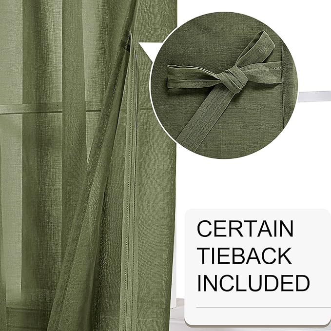 XWZO Sheer Curtains 95 Inches Long for Living Room with Tiebacks, Soft & Lightweight Grommet Voile Window Curtains for Bedroom, Kitchen, Basement, Olive Green, Set of 2 Panels, 52 x 95 Inches Long