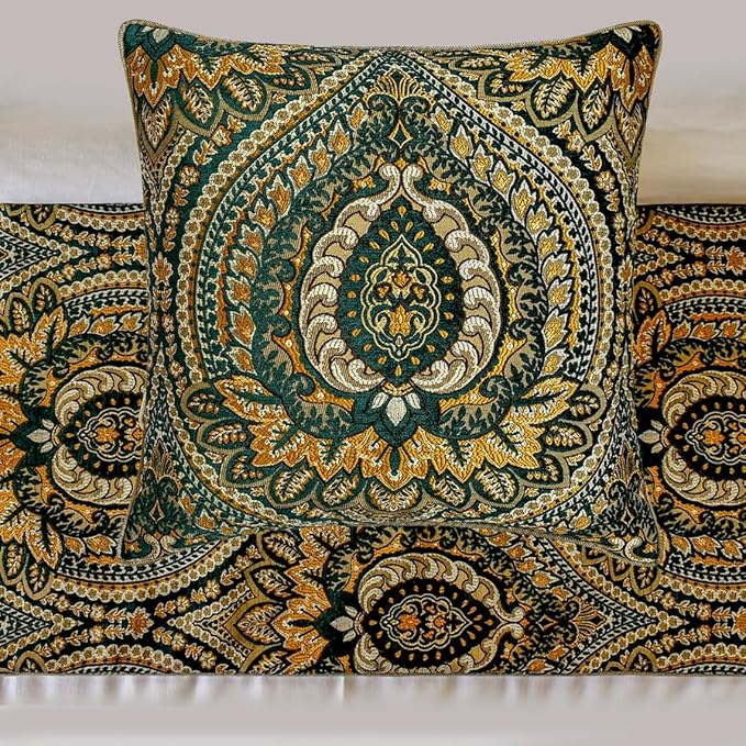 The HomeCentric King/Queen/Twin Green Designer Full 68"x18" Bed Runner with One Pillow Cover, Damask, Tassels & Tapestry Bed Scarf on Jacquard Fabric - Damask Tapestry