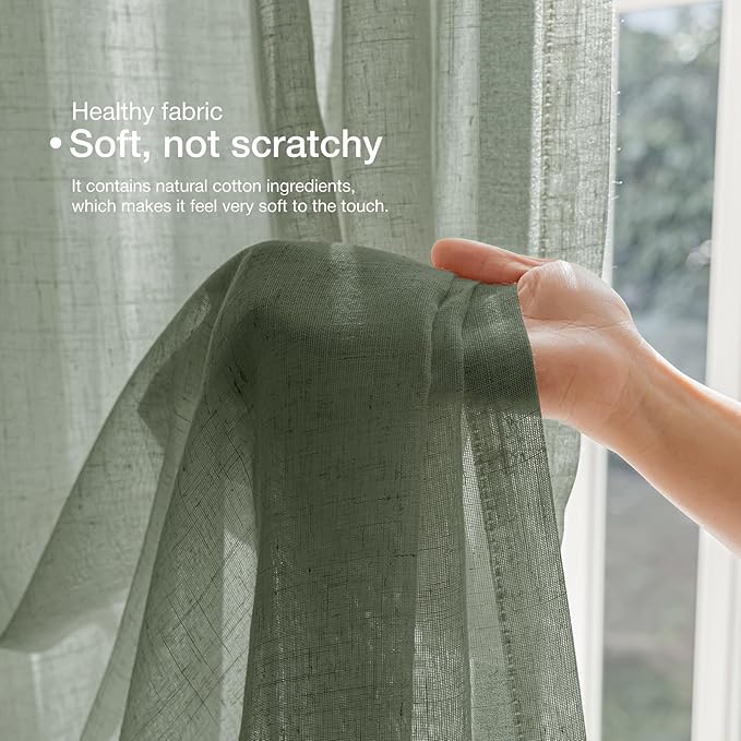 Anmao Natural Linen Curtains for Living Room 45 Inch Length 2 Panels Set, Light Filtering Semi Sheer Window Curtain Drapes for Bedroom with Curtain Rings and Clips, 52Wx45L, Olive Green