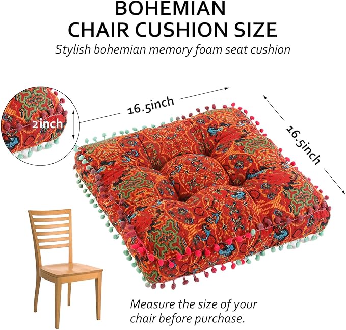 Bohemian Seat Cushion，Indoor & Outdoor 16.5" x 16.5" Seating Cushion for Dinning Chairs, Decorative with Tassels(2Pcs, Orange)