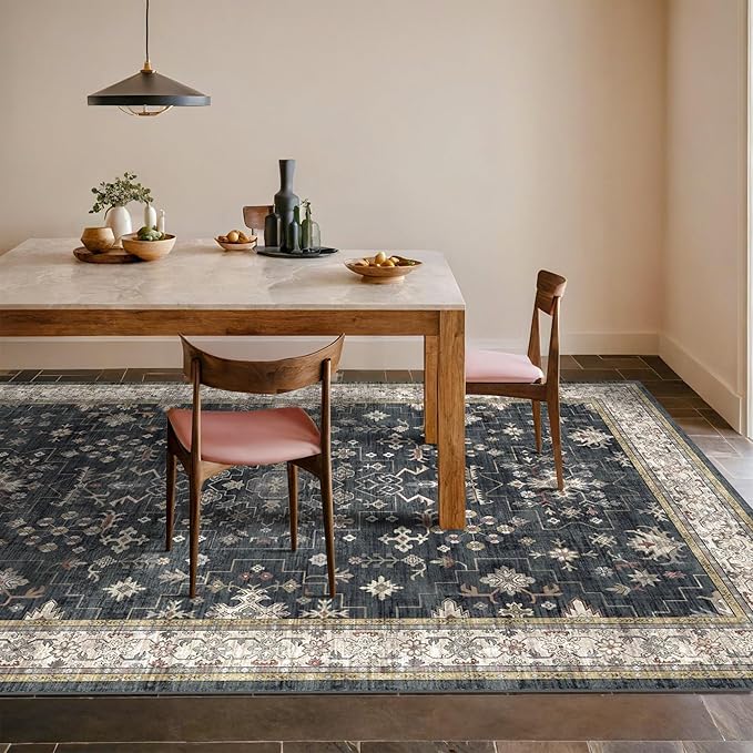 Black Boho Rug for Living Room 8x12 - Washable Dining Room Rugs for Under Table, Vintage Soft Low Pile Carpet for Bedroom, Non-Slip Farmhouse Bohemian Large Thin Carpet for High Traffic Area