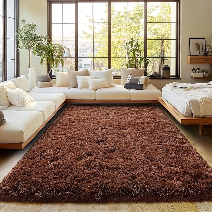 Brown Plush Rug for Living Room Fuzzy Carpet for Bedroom Dorm, Non-Slip High Pile Rug, Shag Rug for Playroom Nursery Home Office Decor 9X12 Ft
