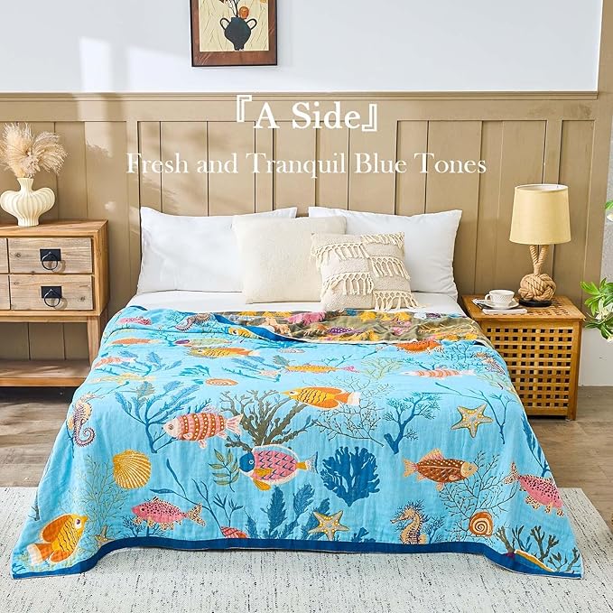 Blue Boho Blanket, 80"x90" Soft Farmhouse Decorative Throw Blanket, 100% Cotton Reversible Vintage Muslin Quilt Bohemian Decor Woven Blanket All Season Blankets for Sofa Couch Chair
