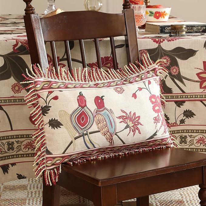 patdrea Designer Throw Pillow Covers 12"x20",Vintage Flowers and Bird Pattern Linen Pillowcases with Tassel Edges Pillows Cover for Couch,Decorative Rectangle Cushion for Living Room Outdoor Car