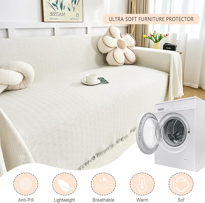 White Couch Cover Blanket Cute Geometrical Jacquard Washable Sofa Cover for Extra Large Furniture for 3 Cushion Sofa L Shaped Sectional Couch Blanket 71"x 118"