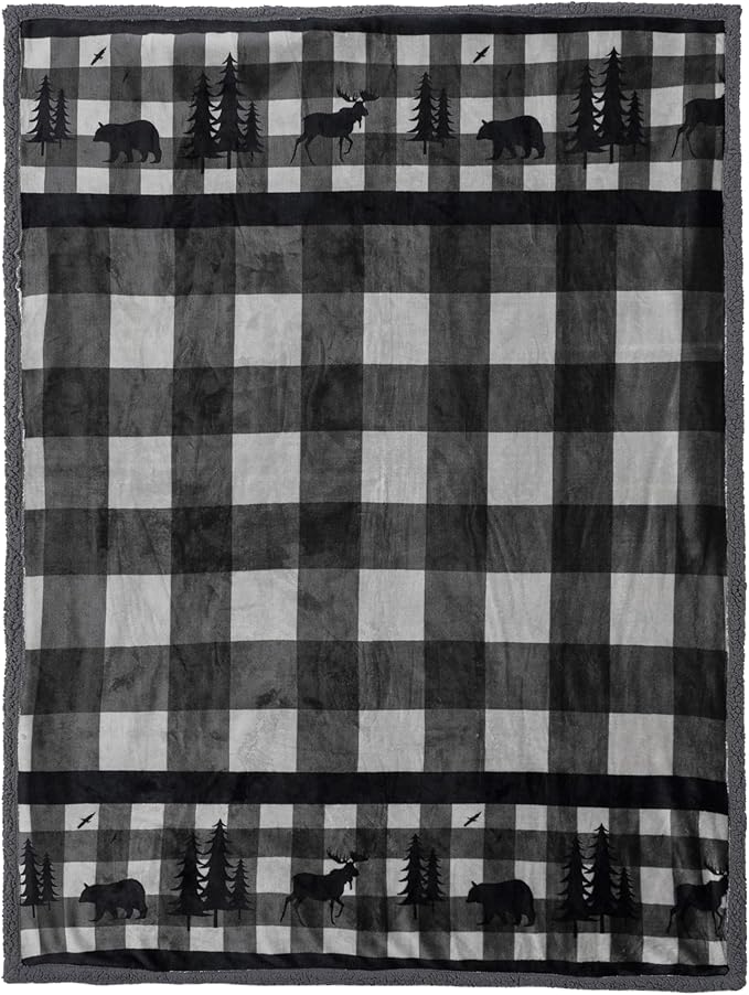 PAVILIA Winter Cabin Sherpa Throw Blanket, Soft Fleece Cozy Grey Christmas Reversible Blanket 50"x60", Warm Plush Rustic Plaid Throw for Couch, Bed, for Family, Friends