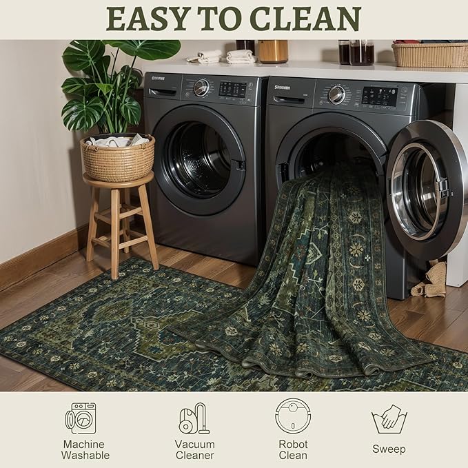 Tangsoo 2.6x8 Washable Runner Rug for Hallways, Non Slip Vintage Runner Rug, Soft Low Pile Long Rug Runner, Print Distressed Green Carpet Runners for Kitchen Bedroom Entryway Bathroom Living Room