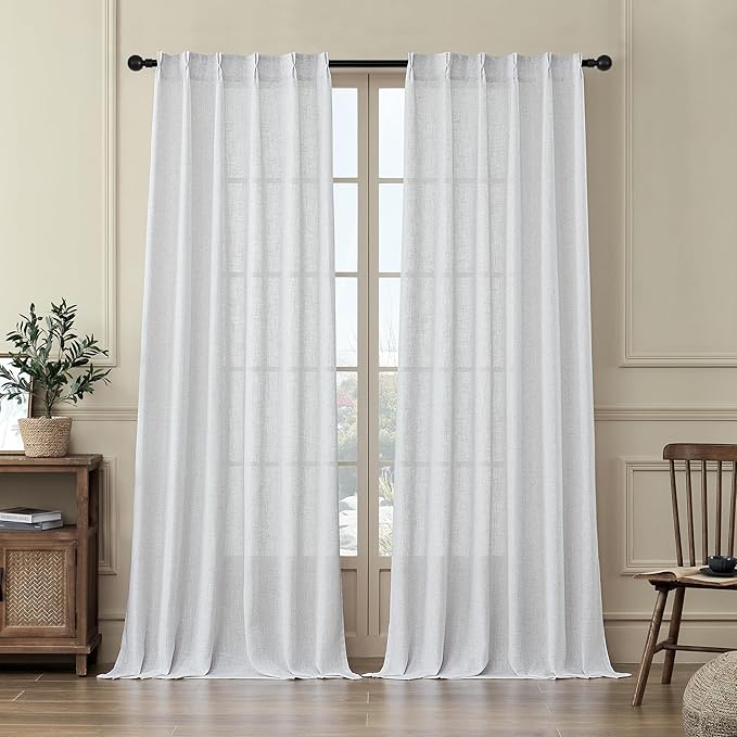 MASWOND Extra Long White Pinch Pleat Linen Curtains 120 Inches Long 2 Panels for Living Room Semi Sheer Pleated Back Tab 2 Story Drapes Light Filtering Curtain with Hooks for Dining Room W38xL120