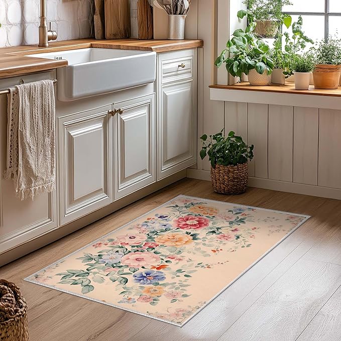 2x3 Floral Entryway Area Rug Beige Bathroom Rug Non Slip Machine Washable Low Pile Small Carpet Kitchen Bedroom Door Mat Entrance