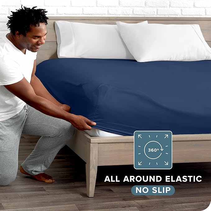 Bare Home Fitted Bottom Sheet Short Queen Size - Premium 1800 Microfiber - Ultra-Soft Hotel Luxury - Deep Pocket - Durable and Long Lasting (Short Queen, Dark Blue)