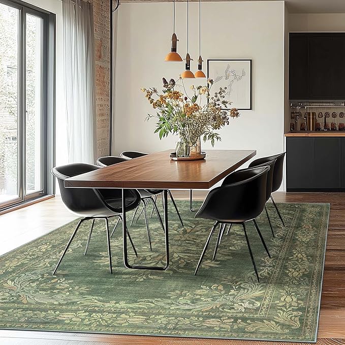 jinchan Green Floral 8x10 Area Rugs for Living Room - Machine Washable Vintage Distressed Design Soft Throw Rug Non-Slip Large Christmas Carpet for Bedroom Nursery Home Office (8x10ft, Dark Green)