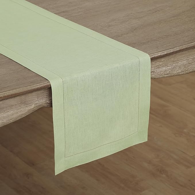 Solino Home Linen Table Runner 36 Inches - 100% Pure Linen Sage Green Hemstitch Table Runner 14 x 36 Inch Ideal for Dresser and Coffee Tables - Christmas, Winter, New Year - Classic Hemstitch