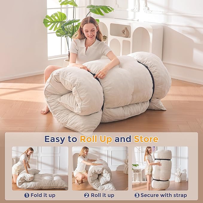 MAXYOYO Japanese Floor Mattress Queen Size, 6" Foldable Futon Mattress Tufted Roll Up Floor Bed, Thick Chenille Tatami Mat Sleeping Pad for Camping Guest Room Dormitory Bedroom RV, Beige