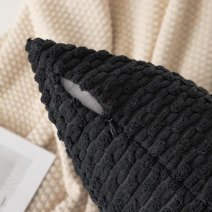 Kevin Textile 14x36 Inch Long Lumbar 1 Pack Boho Decorative Throw Pillow Cover Soft Striped Corduroy Rectangle Cushion Case Farmhouse Accent for Living Room Couch Sofa Bed, Black
