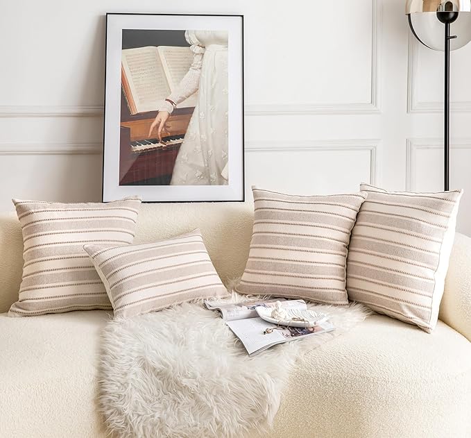 Decorative Boho Throw Pillow Covers, Farmhouse Textured Pillow Case, 18 x 18 Inch Set of 2, Chair Sofa Bedroom Living Room Home Decor Couch Cushion Case, Taupe and Beige Striped
