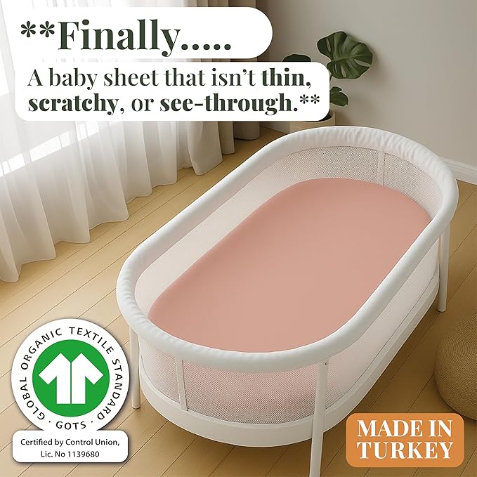 GOTS 100% Organic Bassinet Sheets - Luxurious Turkish Cotton for Halo, SNOO, Dream on Me Karley & Lacy, Delta Children and Simmons Kids City Sleeper Oval or Rectangle Bassinet Bed Pads or Mattresses