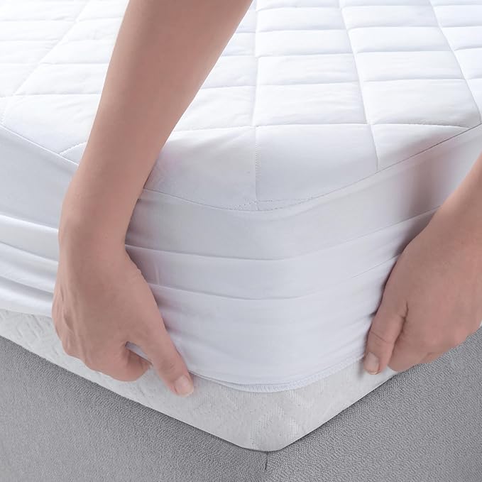 YATAS BEDDING Perle Quilted Fitted Mattress Protector, Machine Washable and Easy Care, Superior Protection and Comfort,100% Cotton Breathable top, White (Full) - 55"x75" - 14" Deep Pocket