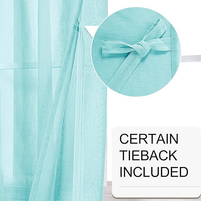 XWZO Mint Green Sheer Curtains with Tiebacks, Light Filtering Semi Transparent Voile Drapes Grommet Top Window Curtains for Bedroom, Living Room, Office, Study, W52 x L84, Set of 2 Panels