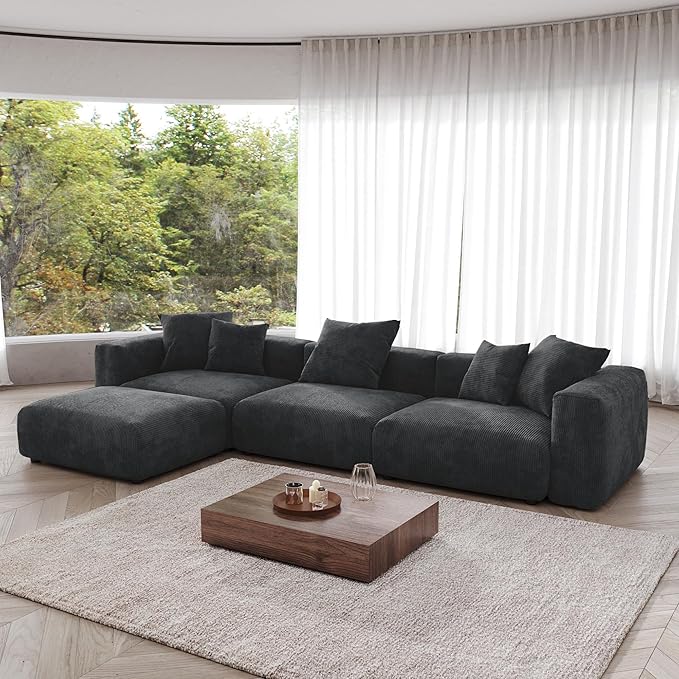 JACH Modern Corduroy Sectional Couch, Modular Sectional Sofa with Chaise Ottoman, Cushion Covers Removable, Oversized Deep Seat Soft Couches for Living Room, Office (Black)