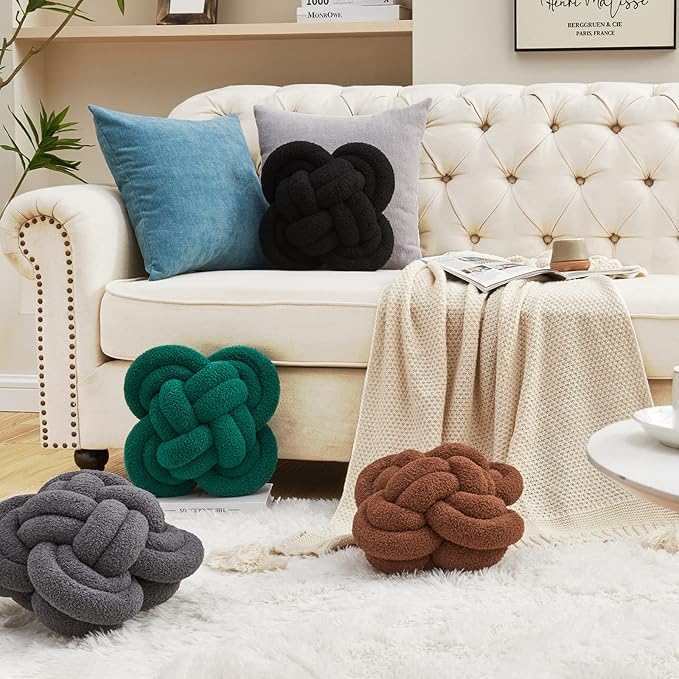 Xiashrk Knot Pillow Ball, 12" Soft Decorative Throw Pillows for Couch Bed, Dark Green Knotted Plush Throw Pillow Handmade Square Cushion Home Couch Decor Pillows for Living Room