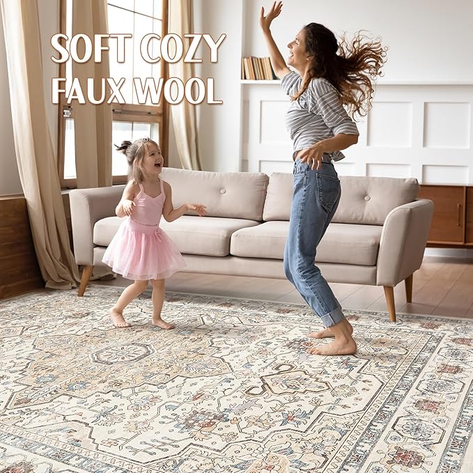 7x10 Area Rug Living Room: Washable Boho Large Neutral Vintage Soft Rugs Stain Resistant Farmhouse Non-Slip Indoor Floor Carpet for Bedroom Nursery Kids Playroom Office Dining Room- Cream Blue