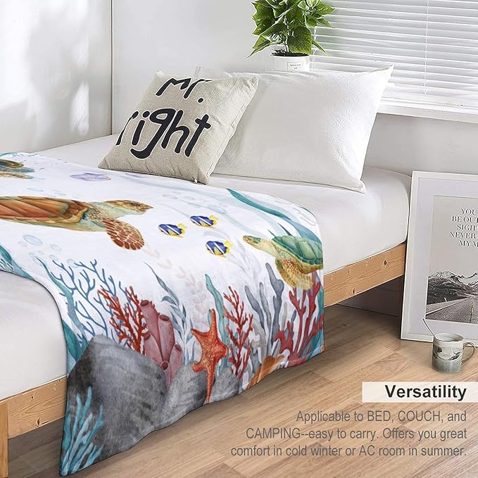 Sea Turtle Throw Blanket, Teal Blue Ocean Underwater Animal Starfish Fish Nautical Coastal Theme Fleece Flannel Blanket for Couch Sofa Bedroom Adults Kids, 40"x50"