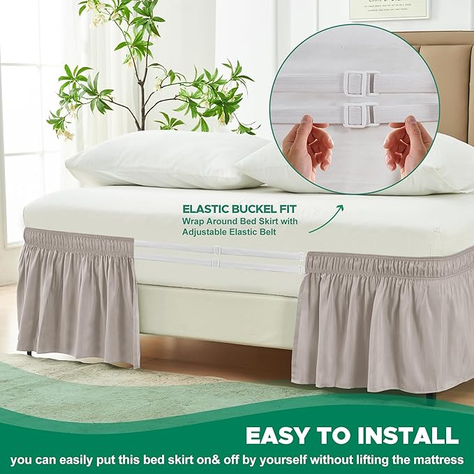 Biscaynebay Wrap Around Bed Skirts for Queen Beds 16" Drop, Camel Grey Adjustable Elastic Dust Ruffles Easy Fit Wrinkle Resistant Silky Luxurious Fabric Machine Washable