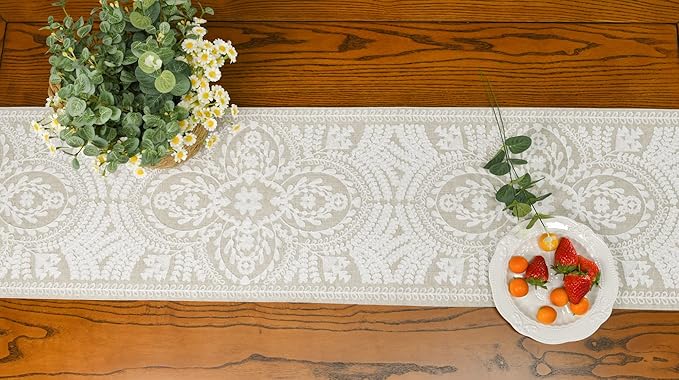 KEVA Boho Table Runner 54inches Long, Farmhouse Rustic Vintage White Embroidered Table Runners 13x54 Inch for Dining Table Decorations