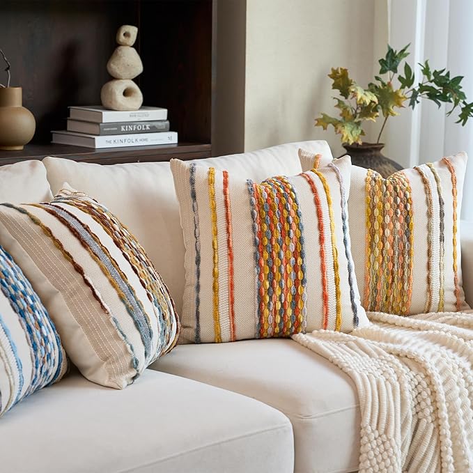 Aeckself Boho Pillow Covers 18x18 Inch Set of 2, Farmhouse Decorative Striped Square Chenille Tufted Accent Neutral Throw Pillow Covers for Living Room Couch Bed, Light Yellow